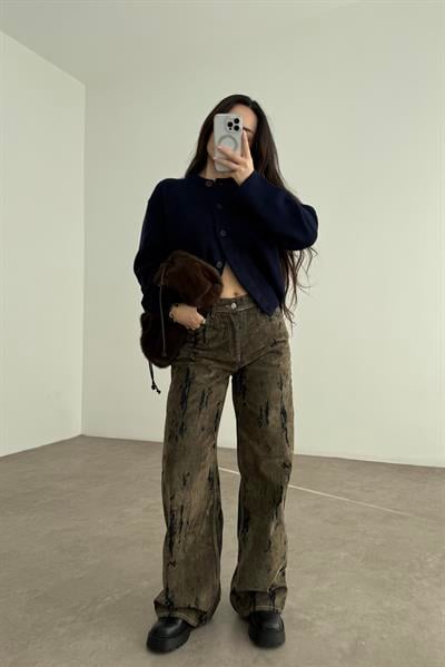 ZR Süet Kaplı Eskitme Detaylı Denim Haki Jean