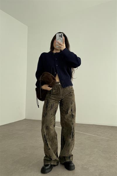 ZR Süet Kaplı Eskitme Detaylı Denim Haki Jean