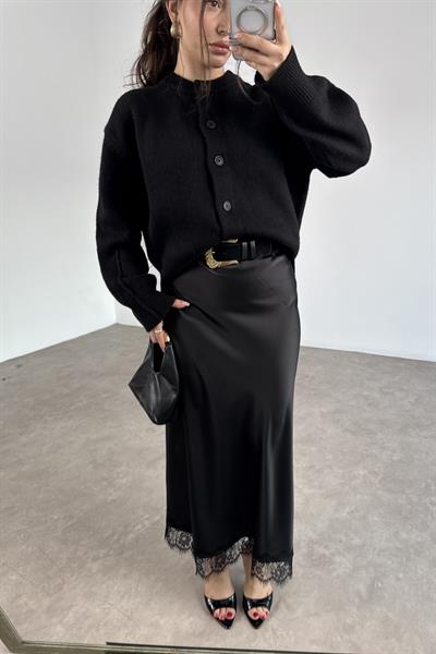 Zr Ucu Dantel Detaylı Siyah Midi Saten  Etek