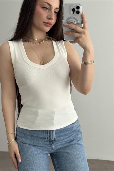 ZR V Yakalı Bluz Açık Ekru