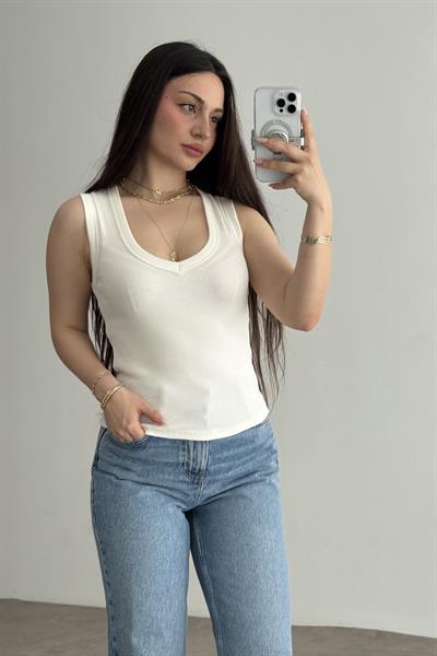 ZR V Yakalı Bluz Açık Ekru