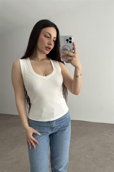 ZR V Yakalı Bluz Açık Ekru