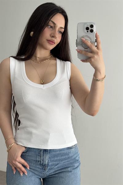 ZR V Yakalı Bluz Beyaz
