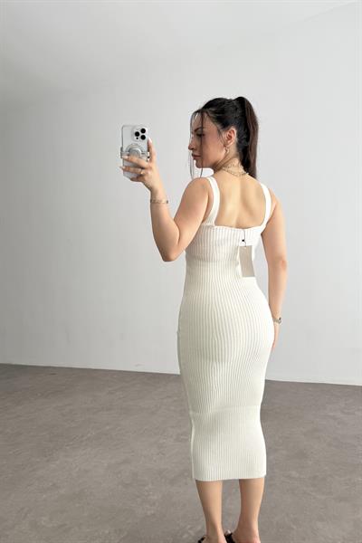 Zra Askılı Kaşkorse Midi Elbise Beyaz