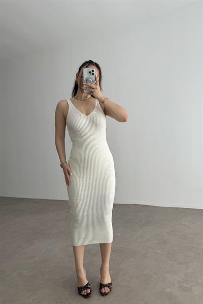 Zra Askılı Kaşkorse Midi Elbise Beyaz