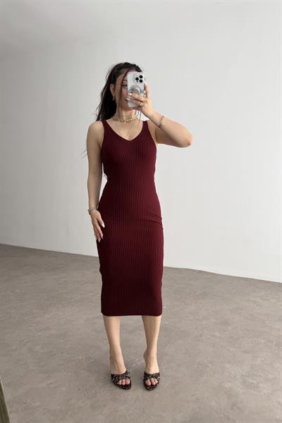 Zra Askılı Kaşkorse Midi Elbise Bordo