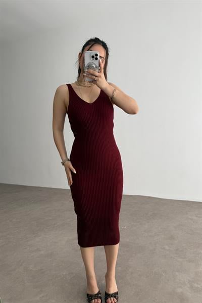 Zra Askılı Kaşkorse Midi Elbise Bordo