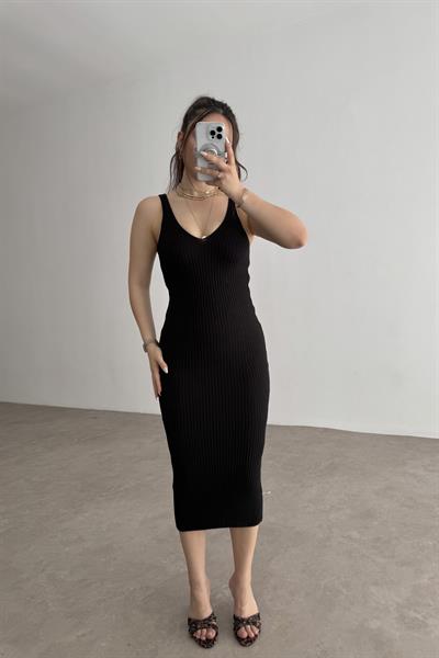 Zra Askılı Kaşkorse Midi Elbise Siyah