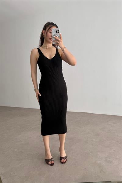 Zra Askılı Kaşkorse Midi Elbise Siyah