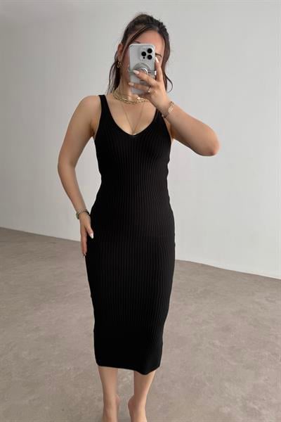 Zra Askılı Kaşkorse Midi Elbise Siyah