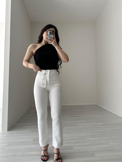 ZRA Bilek Flare Cep Detaylı Jean (Beyaz)