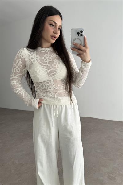 Zra Çiçek Desenli Merserize Örgü Bluz Ekru