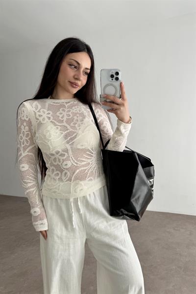 Zra Çiçek Desenli Merserize Örgü Bluz Ekru