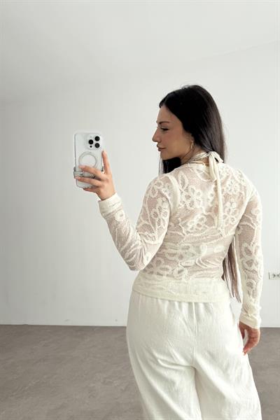 Zra Çiçek Desenli Merserize Örgü Bluz Ekru