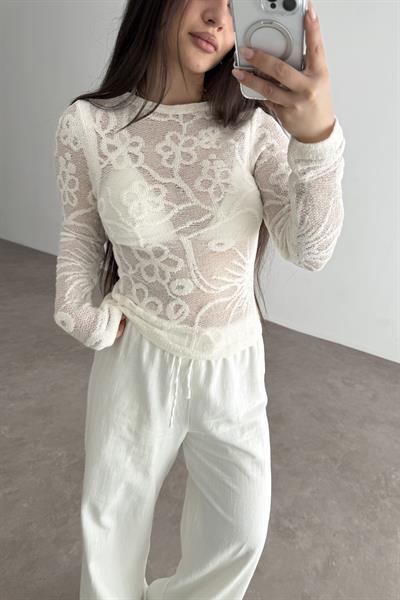 Zra Çiçek Desenli Merserize Örgü Bluz Ekru