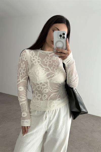 Zra Çiçek Desenli Merserize Örgü Bluz Ekru