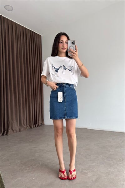 Zra Denim Mid Blue Kısa Etek