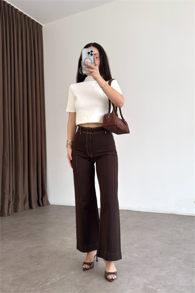 ZRA Dikişli Geniş Paça Kahve Jean