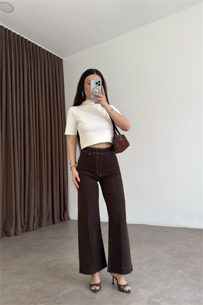 ZRA Dikişli Geniş Paça Kahve Jean