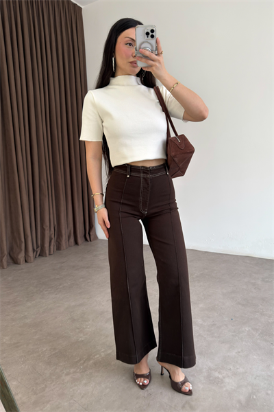 ZRA Dikişli Geniş Paça Kahve Jean