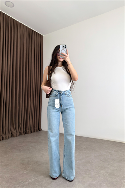 ZRA Dikişli Paça Straightleg Ice  Blue Jean 