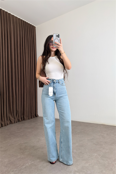 ZRA Dikişli Paça Straightleg Ice  Blue Jean 