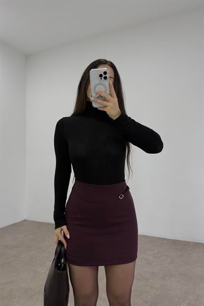 Zra Krep İçi Şortlu Yüksek Belli Mürdüm  Etek