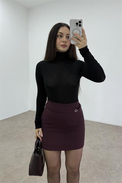 Zra Krep İçi Şortlu Yüksek Belli Mürdüm  Etek