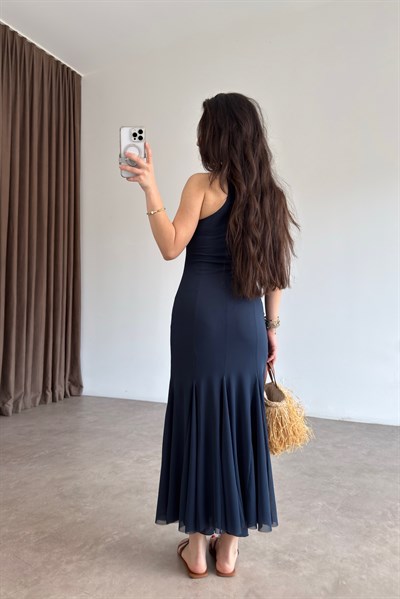 ZRA İndigo Şifon Yırtmaçlı Midi Elbise