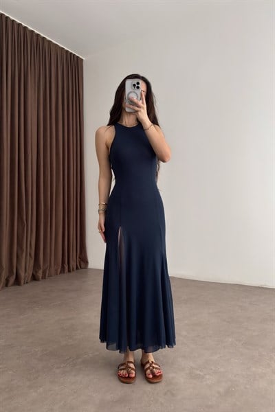 ZRA İndigo Şifon Yırtmaçlı Midi Elbise