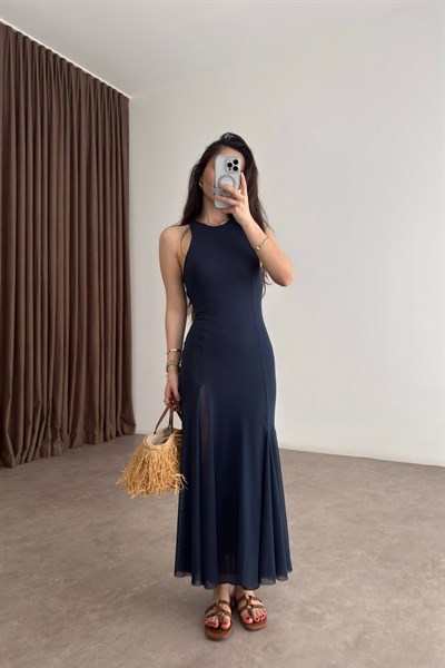 ZRA İndigo Şifon Yırtmaçlı Midi Elbise