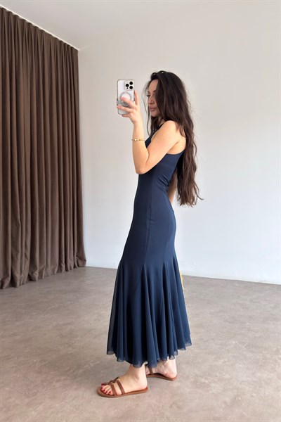 ZRA İndigo Şifon Yırtmaçlı Midi Elbise