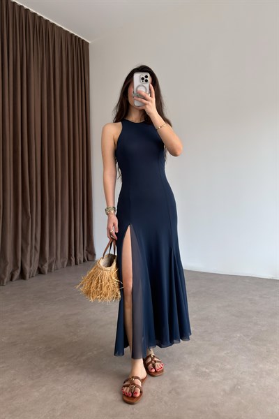 ZRA İndigo Şifon Yırtmaçlı Midi Elbise