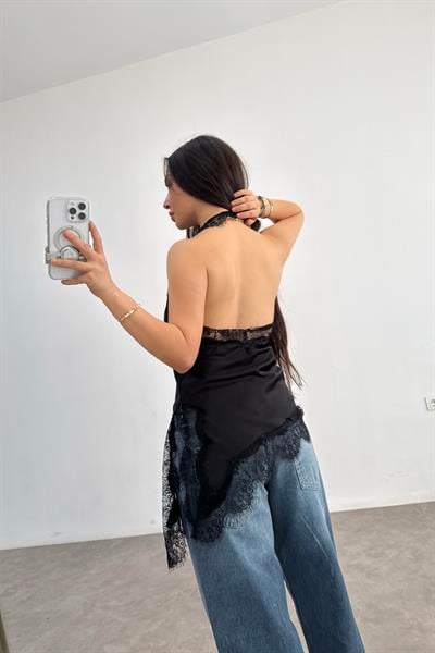 Zra Model Dantelli Şal Yaka Siyah Bluz