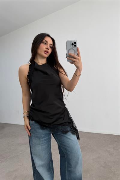 Zra Model Dantelli Şal Yaka Siyah Bluz