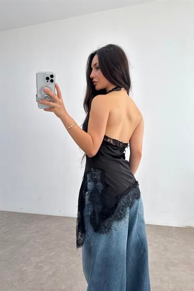 Zra Model Dantelli Şal Yaka Siyah Bluz