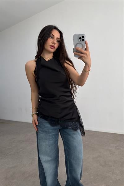 Zra Model Dantelli Şal Yaka Siyah Bluz