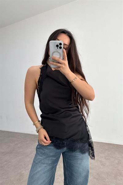 Zra Model Dantelli Şal Yaka Siyah Bluz