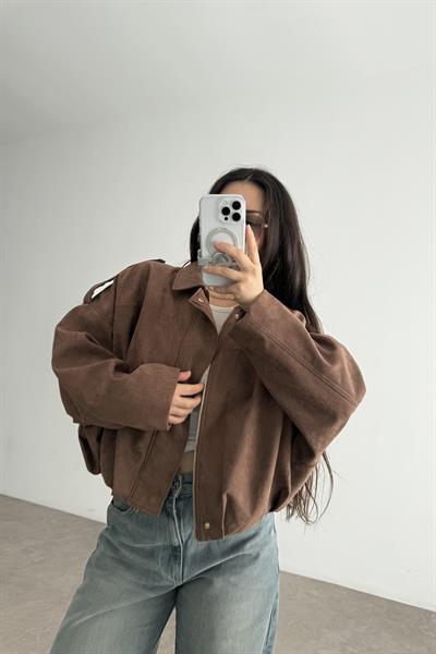 Zra Model Dokulu Süet Chestnut Bomber Ceket