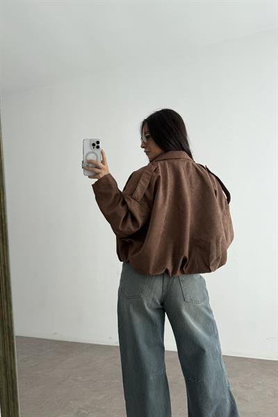 Zra Model Dokulu Süet Chestnut Bomber Ceket