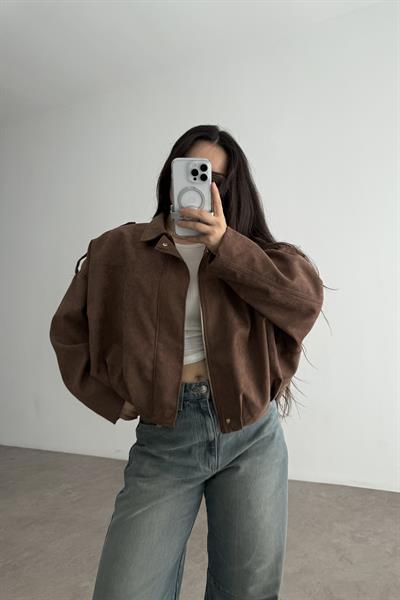 Zra Model Dokulu Süet Chestnut Bomber Ceket