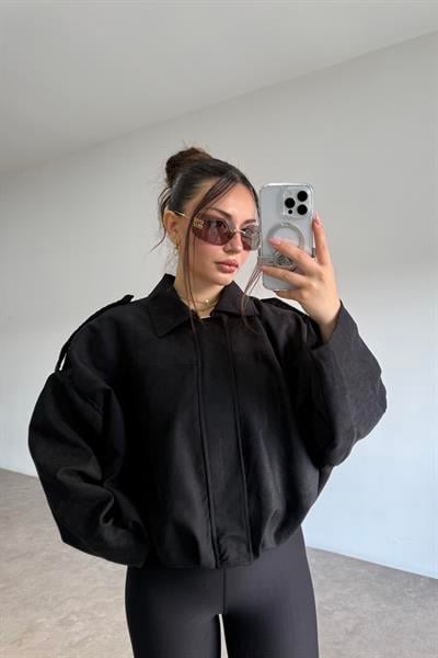 Zra Model Dokulu Süet Siyah Bomber Ceket