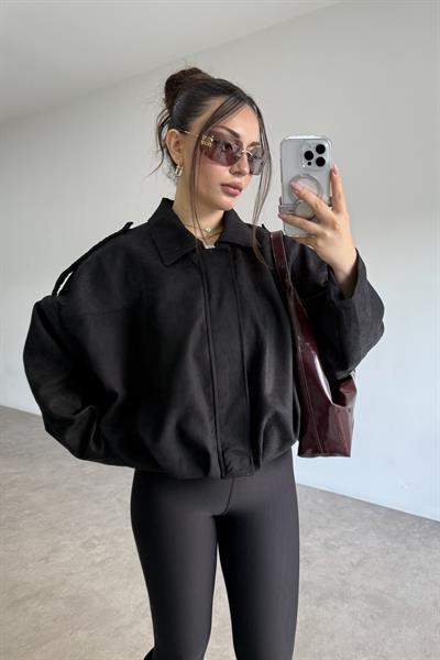 Zra Model Dokulu Süet Siyah Bomber Ceket