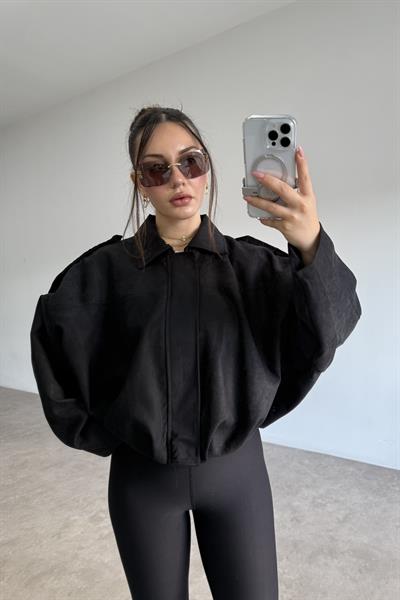 Zra Model Dokulu Süet Siyah Bomber Ceket