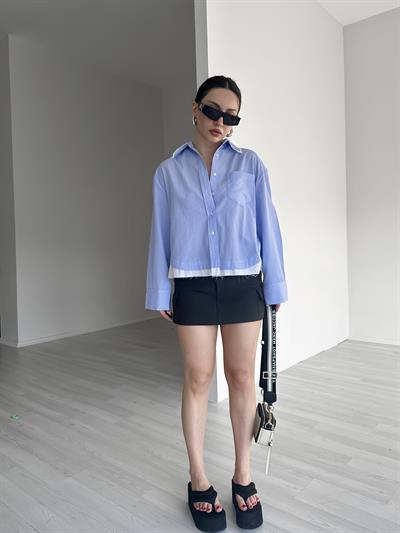 Zra Model Kontrast Çizgili Mavi Gömlek