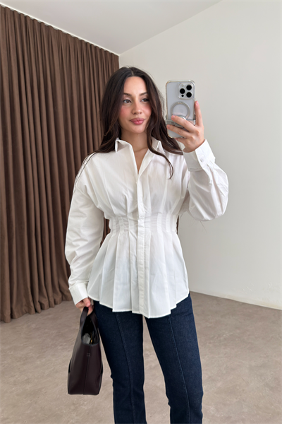 Zra Model Pileli Bel Oturtmalı Beyaz Gömlek