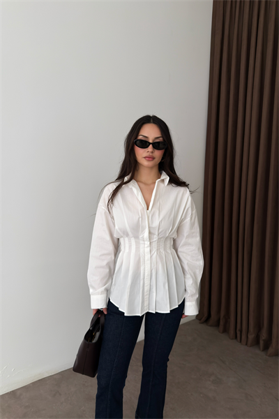 Zra Model Pileli Bel Oturtmalı Beyaz Gömlek
