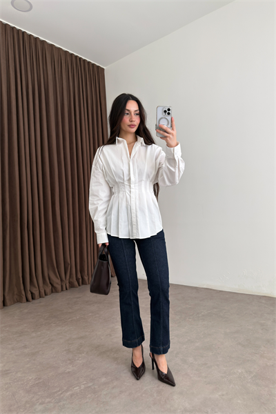 Zra Model Pileli Bel Oturtmalı Beyaz Gömlek