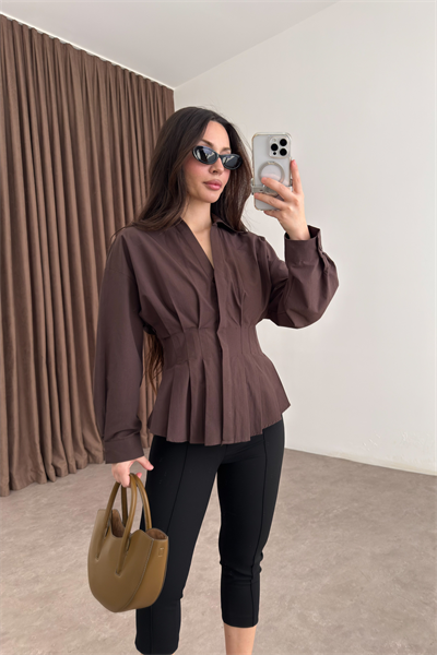 Zra Model Pileli Bel Oturtmalı Kahve Gömlek