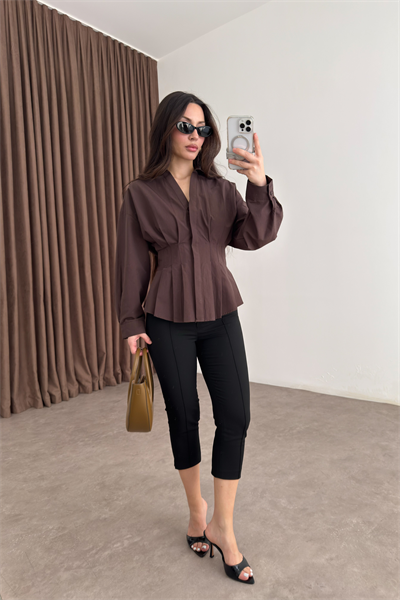 Zra Model Pileli Bel Oturtmalı Kahve Gömlek